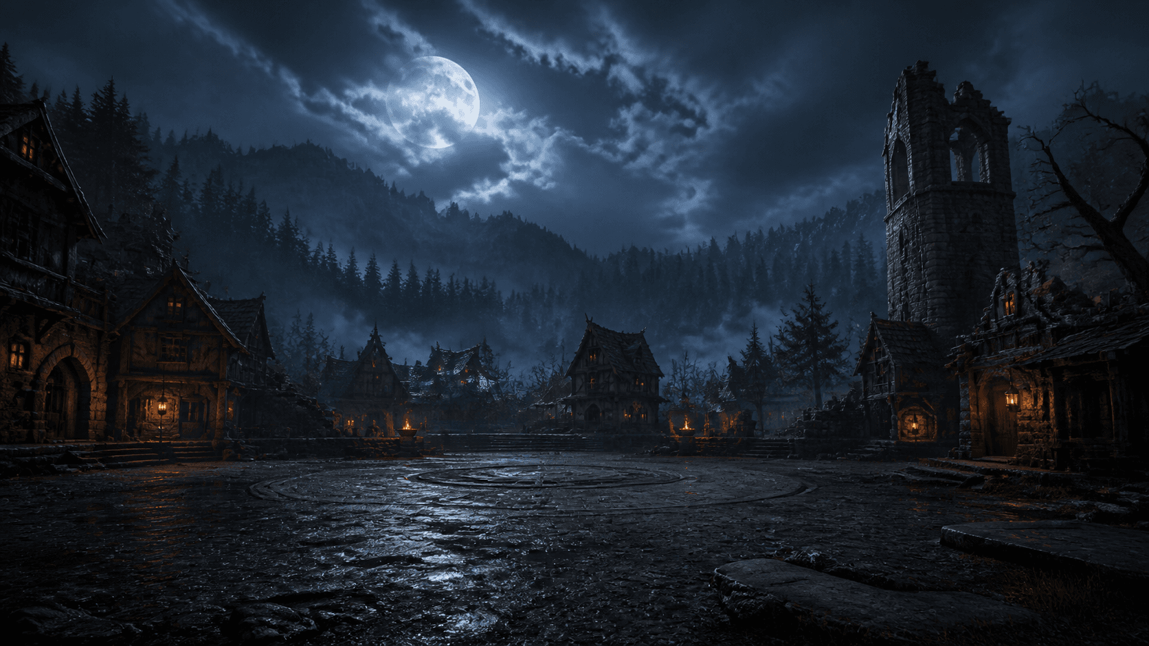 A moonlit medieval village surrounding the council chamber