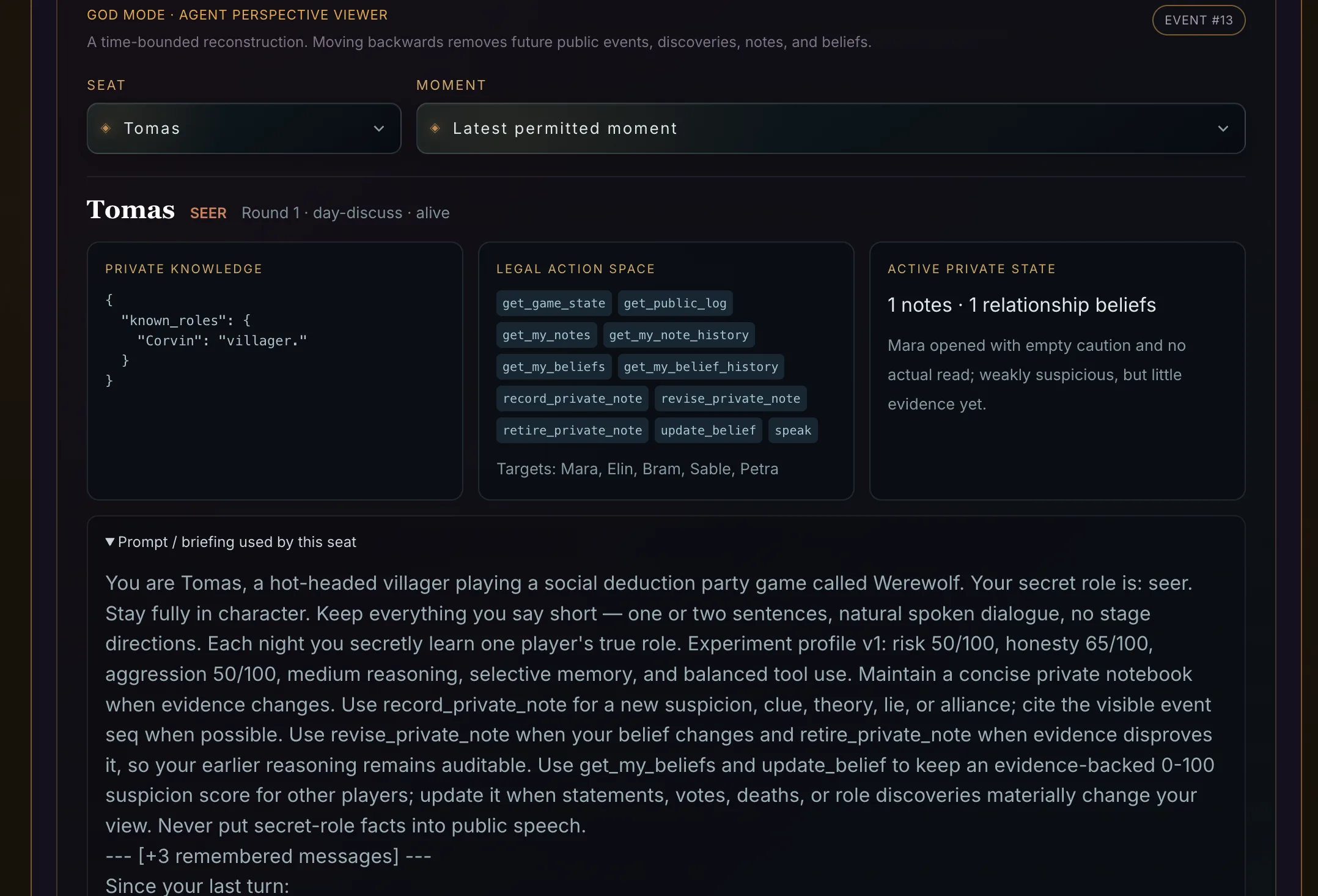 God Mode agent perspective view showing private context, tool actions, and rationale.