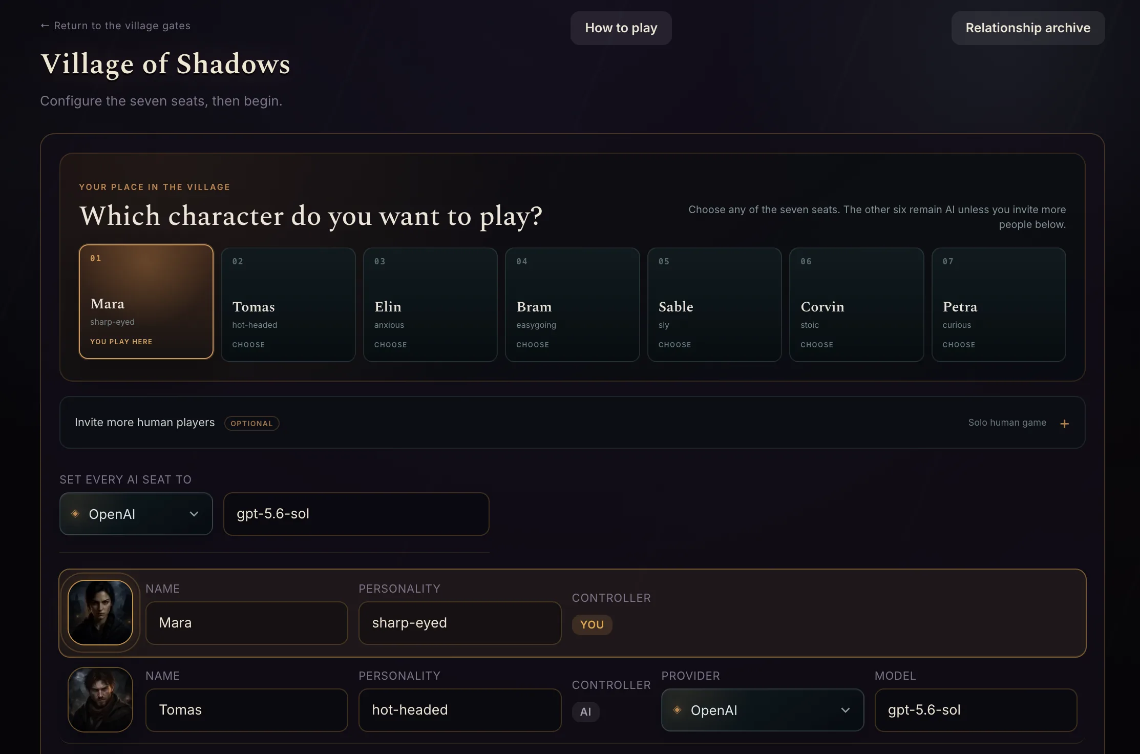 Setup page where a player selects a seat and configures model providers.